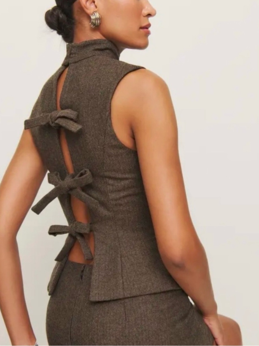 Reformation x Kacey Musgraves Sutton Top ES in Brown Herringbone